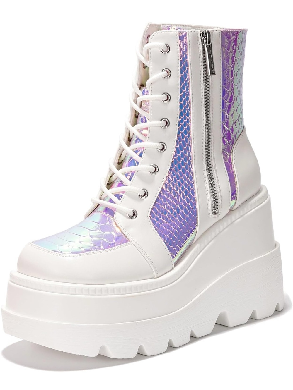 White Platform Holographic Lace-Up Ankle Boots